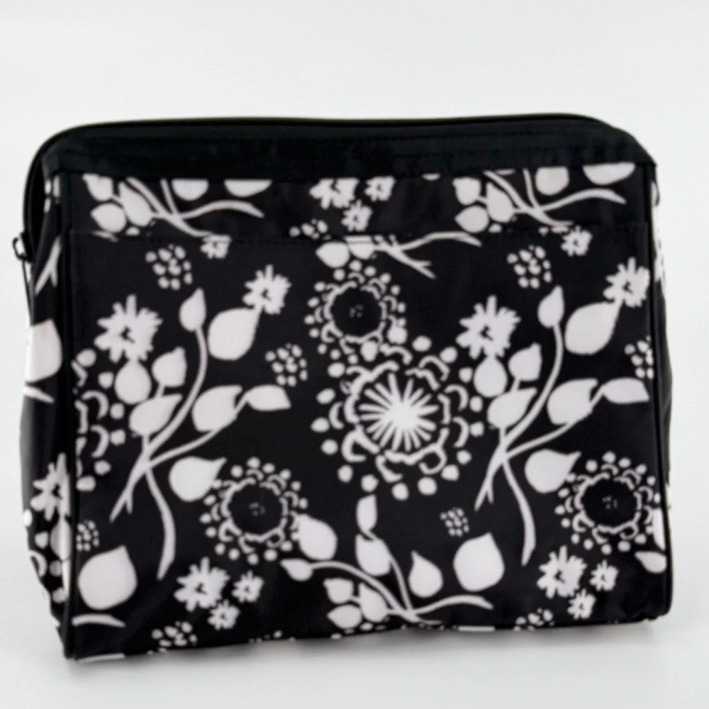 THIRTY-ONE Black White Floral Cosmetic Bag Travel Makeup Organizer